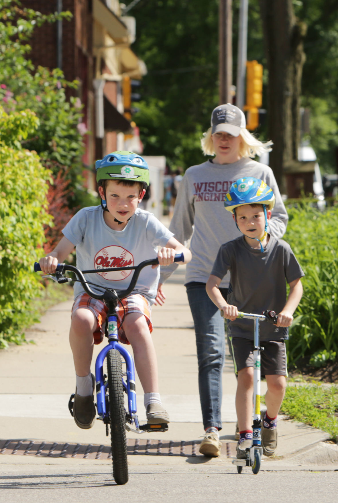 Mom with kids on bikes